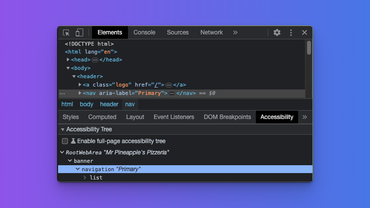 Shows the nav element highlighted in the elements inspector. It shows the accessibility inspector identifying the element as a navigation landmark with the name "Primary".
