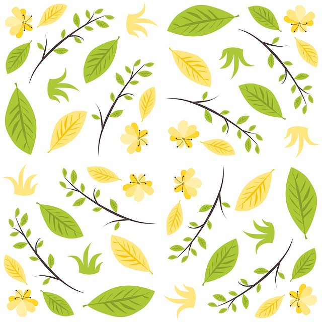 Nature-themed image with a repeating pattern of yellow flowers, yellow and green leaves, and brown branches with green leaves on a white background.