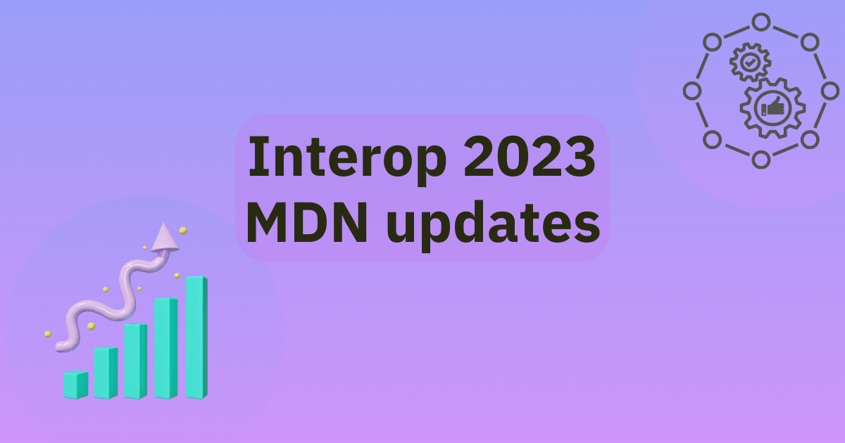 Interop 2023 MDN updates title. A vibrant gradient behind artwork representing mechanical compatibility in the top right corner and an upwards-trending graph in the bottom left corner.