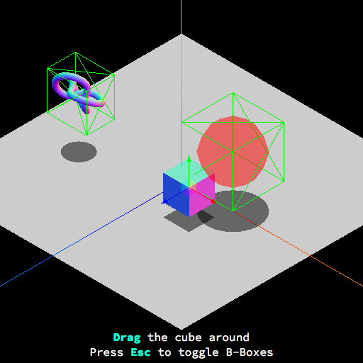 A knot object, a sphere object and a cube object in 3-D space. The knot and the sphere are encompassed by a virtual bounding box. The cube is intersecting the bounding box of the sphere. Text at the bottom reads: Drag the cube around. Press Esc to toggle B-Boxes.