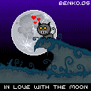 Pixelated night scenery of a cat on the edge off a cliff with little hearts above his head, behind him a big full moon. With a black background, white text is displayed at the bottom of the image saying: in love with the moon.