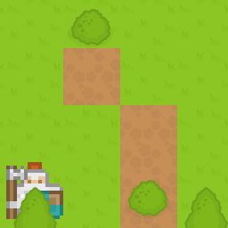 A grid of layered background terrains. A bush tile is rendered at the top, over a large grass terrain, and again over a layered rectangular terrain with brown sand at the bottom. A tree tile is rendered over the grass terrain at the bottom left and again at the bottom right. A knight tile appears behind the tree tile that is rendered at the bottom left.