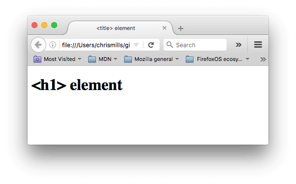 A web page with 'title' text in the browser's page tab and 'h1' text as a page heading in the document body.