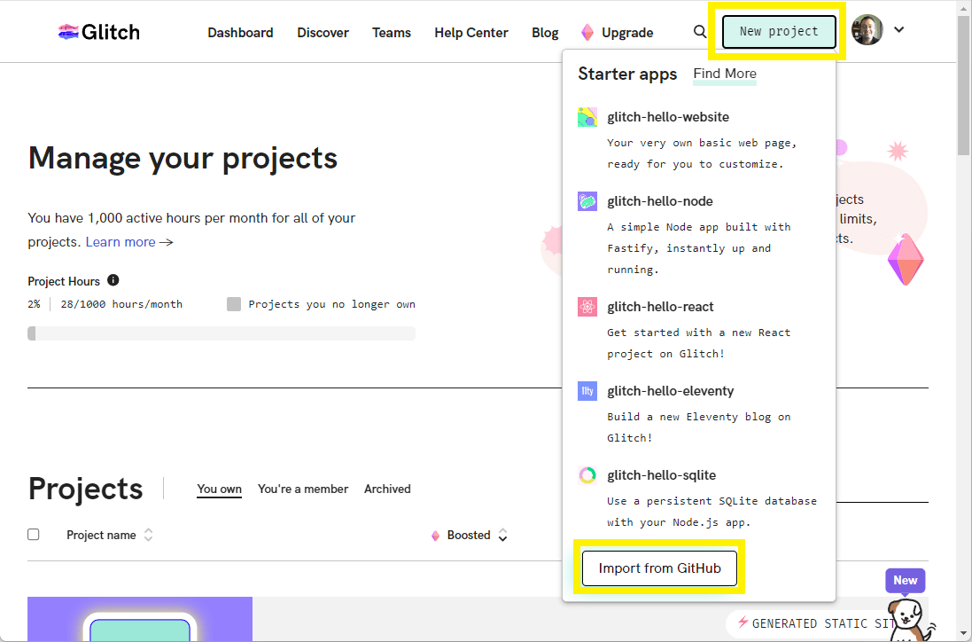 Glitch website dashboard showing a new project button and a popup menu with "Import from GitHub" option