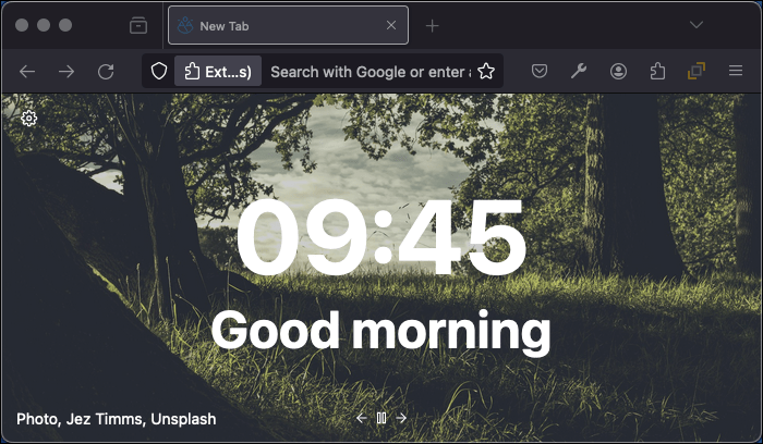 A new tab styled by the Tabliss extension showing a woodland picture with the time and a greeting message.