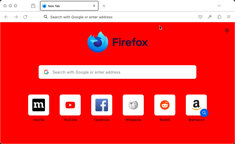 Firefox showing a new tab page. The background of the page is red.