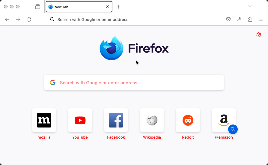 Firefox showing a new tab page. On the page, the text is in red.