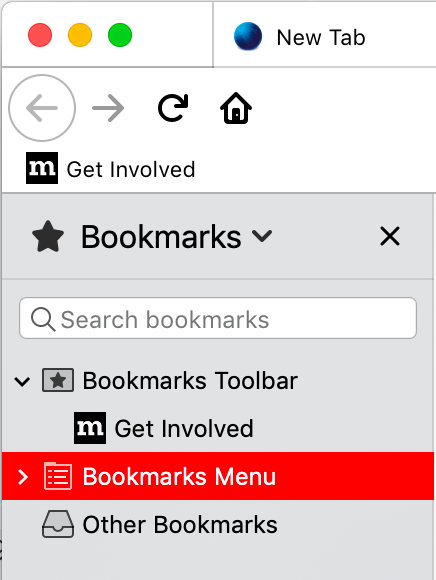 A closeup of the firefox browser bookmarks sidebar with a highlighted item. The background color of a highlighted row in the sidebar is red with white text.