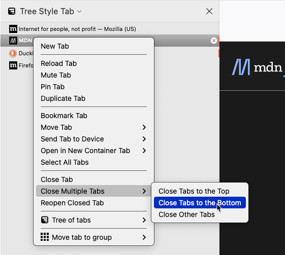 A tab context menu displayed for a tab item in the sidebar of the Tree Style Tab extension. The menu shows custom tab actions, a menu item for the extension, and a menu item for the Simple Tab Group extension.