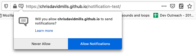 A dialog box asking the user to allow notifications from that origin. There are options to never allow or allow notifications.