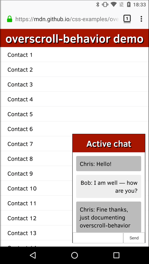 A popup chat window titled 'Active chat', showing a conversation between Chris and Bob. Behind the chat window is a contact list titled 'overscroll-behavior demo'.