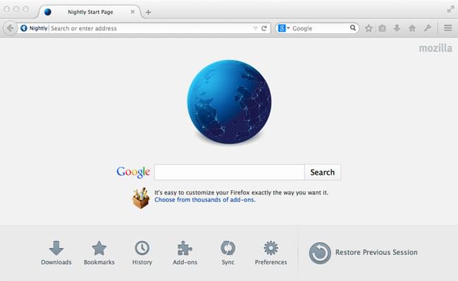 Ejemplo de Firefox Nightly mostrando una página personalizada de Google como predeterminada