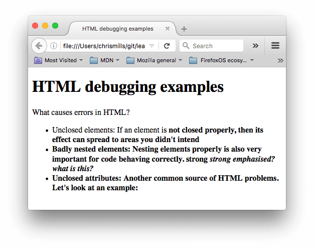 Un documento HTML simple con un título de ejemplos de depuración de HTML y cierta información sobre errores HTML comunes, como elementos no cerrados, elementos mal anidados y atributos no cerrados.