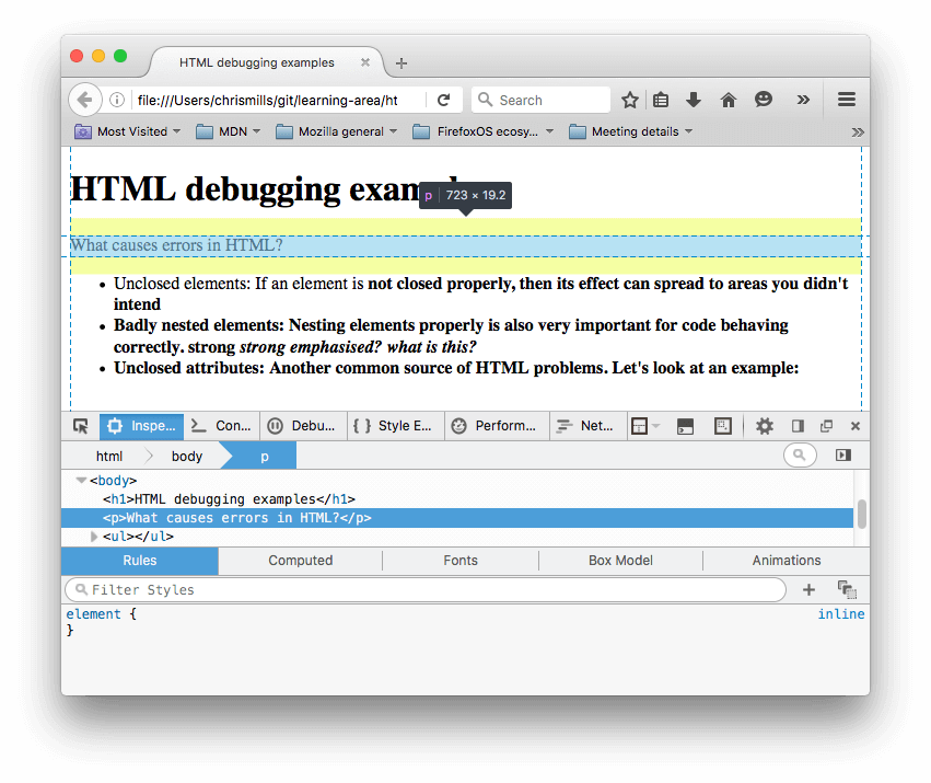 El inspector de HTML en Firefox, con el párrafo de nuestro ejemplo resaltado, muestra el texto "¿Qué causa los errores en HTML?" Aquí puede ver que el navegador ha cerrado el elemento de párrafo.