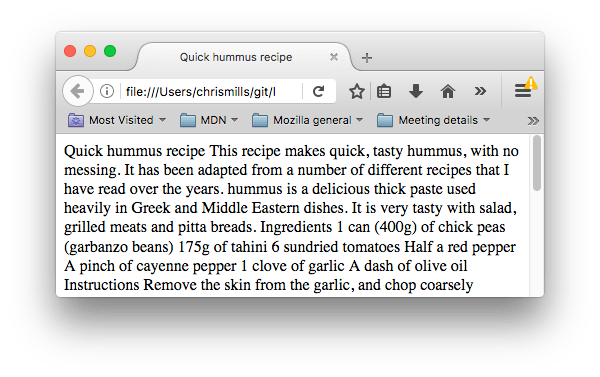 Una página web que muestra un muro de texto sin formato, porque no hay elementos en la página para estructurarlo.