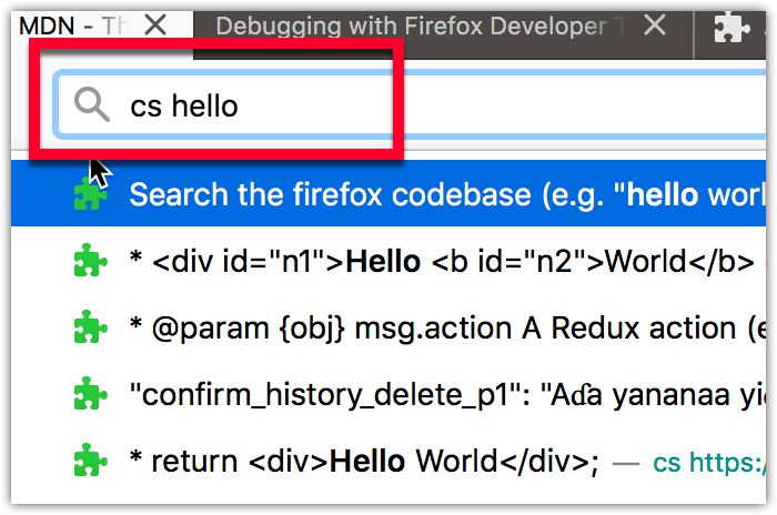 Ejemplo que muestra el resultado de la personalización de firefox_code_search WebExtension de las sugerencias de la barra de direcciones.