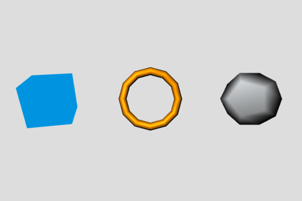 Des formes : un cube bleu, un tore jaune foncé et un dodécahèdre gris foncé, sur un arrière-plan gris, rendus avec Three.js.