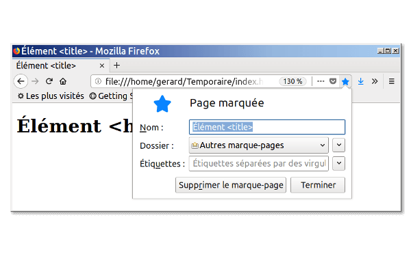 Une page Web marquée dans Firefox ; le nom du signet a été automatiquement rempli avec le contenu de l'élément 'title'.