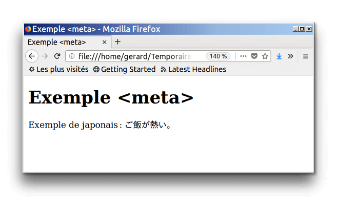 Une page Web contenant des caractères français et japonais, le jeu de caractères étant universel ou utf-8. Les deux langues s'affichent correctement.