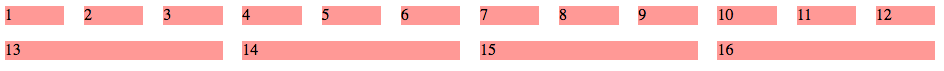 グリッドには 2 つの行があります。それぞれの行はフレックスコンテナーです。 1 行目には 12 個の等幅フレックスアイテムがあります。 2 つ目には 4 つの等幅フレックスアイテムがあります。