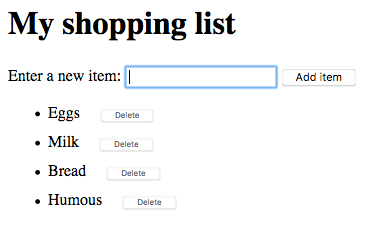 このデモでは、買い物リストのレイアウトを掲載しています。my shopping list」のヘッダーが続き、「Enter a new item」に入力フィールドと「add item」ボタンがあります。すでに追加された項目のリストは以下の一覧で、それぞれに対応する削除ボタンがあります。