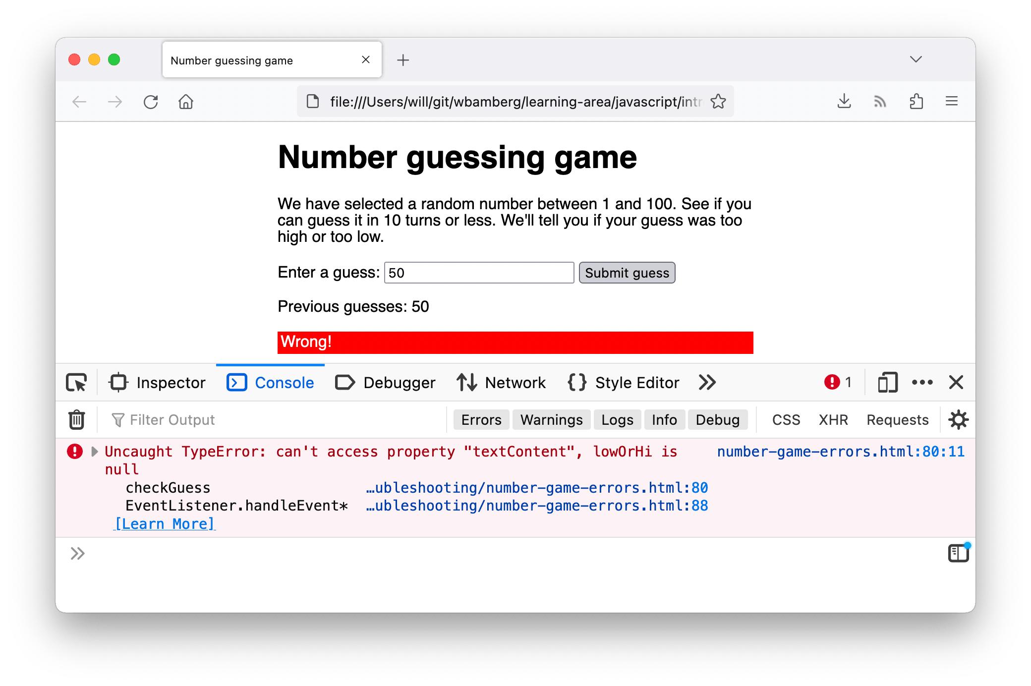 同じ「数字当てゲーム」デモのスクリーンショット。この時、コンソールには異なる形で "X TypeError: lowOrHi is null" というエラーが表示されています。