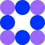 8 つの円を含む正方形の画像。各コーナーの円は薄紫色。 4 つの辺の円は青。真ん中の 9 つ目の円が入る部分は空白。