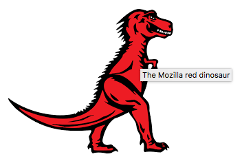 "The mozilla red dinosaur"라는 글자가 마우스 오버 툴팁에 나타나있는 빨간색 티라노사우루스의 스크린샷.
