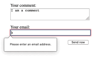 유효하지 않은 이메일 입력에 "이메일 주소를 입력하세요."라는 메시지가 표시됩니다.
