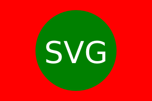 Посреди красного фона в центре расположен зелёный круг. Белый текст внутри круга — это SVG.
