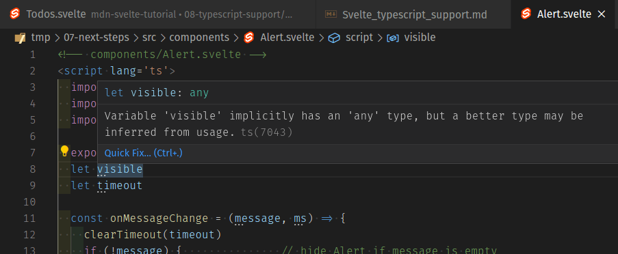 VS Code 截图显示当你将 type="ts" 添加到组件时，它会给出三个点的提示