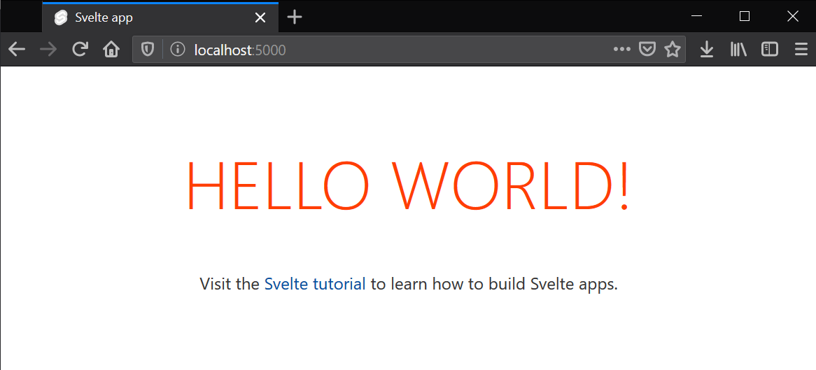 一个简单的起始页，上面写着 hello world，并提供指向官方 svelte 教程的链接