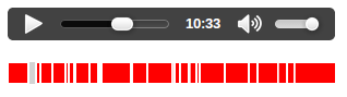 一个简单的音频播放器，带有播放按钮、搜索栏和音量控制，下面有一系列代表时间范围的红色矩形。